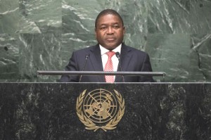 Filipe Jacinto Nyusi em discurso na 70ª Assembleia Geral. Foto: ONU/Cia Pak