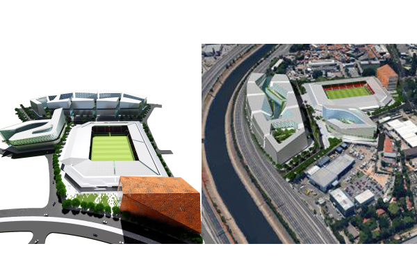 A ilustração da nova arena e edifício da sede social do clube, e a projeção do complexo de frente para a Marginal do Tietê. 