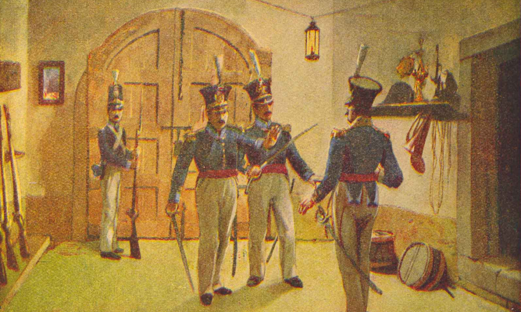 Episódio da Revolução do Porto. Nela, o Capitão Sousa Magalhães e o Tenente Paulo Correia impedem entrada do Coronel Grant no Regimento de Infantaria n.º 6. A pintura foi feita em 1917 por Roque Gameiro e publicada em "Retratos da História de Portugal". 